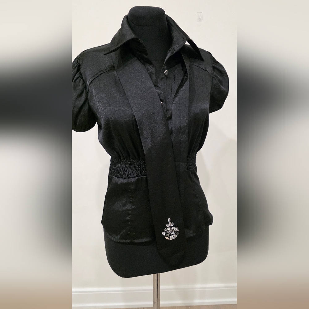 Black Cap Sleeve Button Down Shirt with Notched Collar & Embellished Necktie Y2k